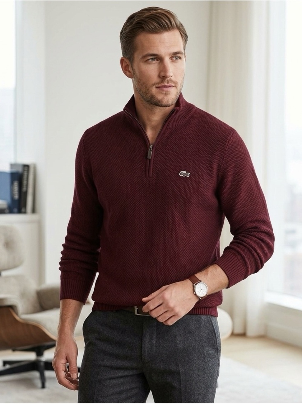 Lacoste Burgundy Cotton Knit Sweater Men's Sz 6 XL -1/4 Zip Mock Neck Pullover